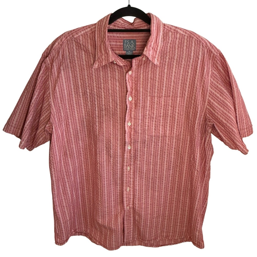 Jos. A. Bank Stays Cool Men's XL Red White Striped Cotton‎ Short Sleeve Shirt